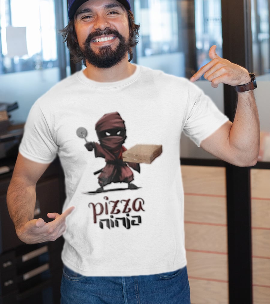 Pizza Ninja Red Masked Cartoon Figure Holding Cardboard Box T-Shirt