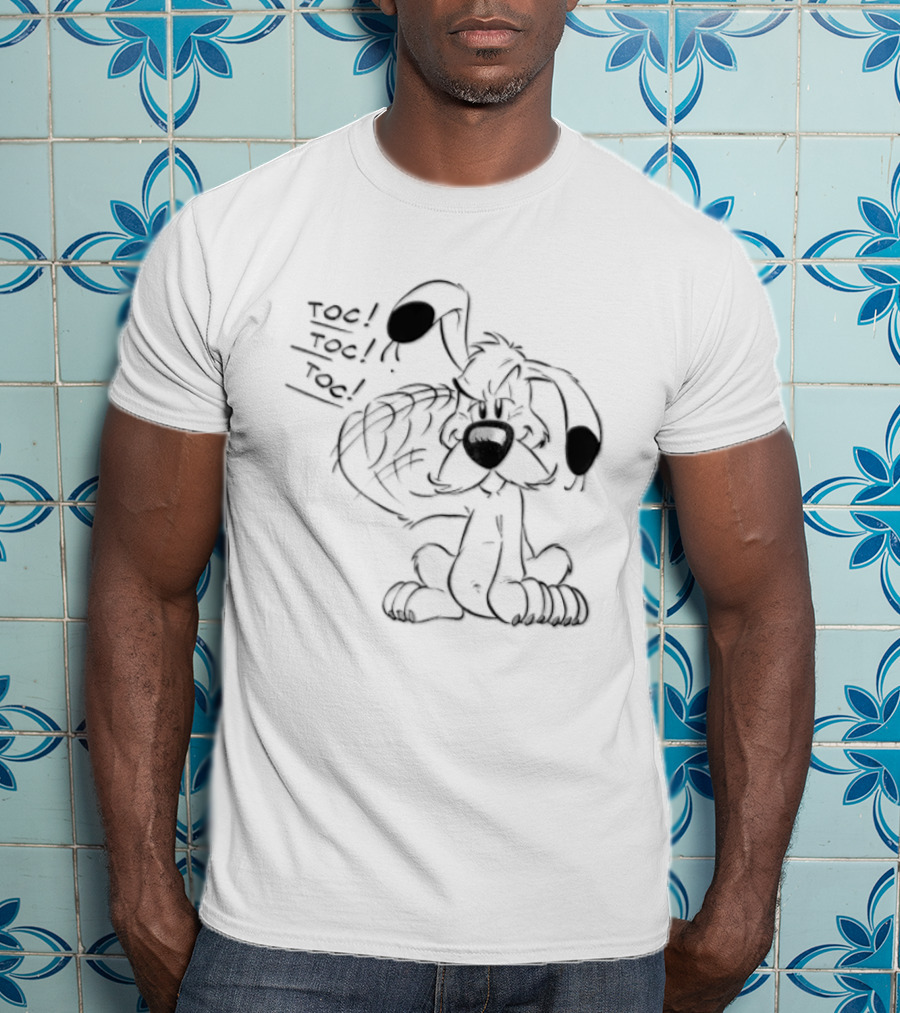 Toc Dogmatix White Dog Knocking Head Cartoon T-Shirt