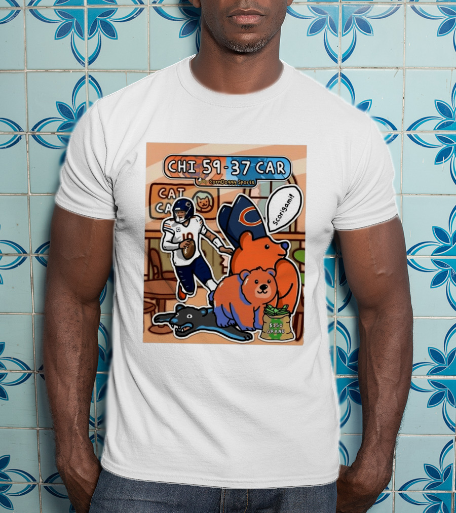 CHI 59 37 CAR CornDoggy Sports Chicago Bears Vs Carolina Panthers Scorigami Cat Café $150 Grand T-Shirt