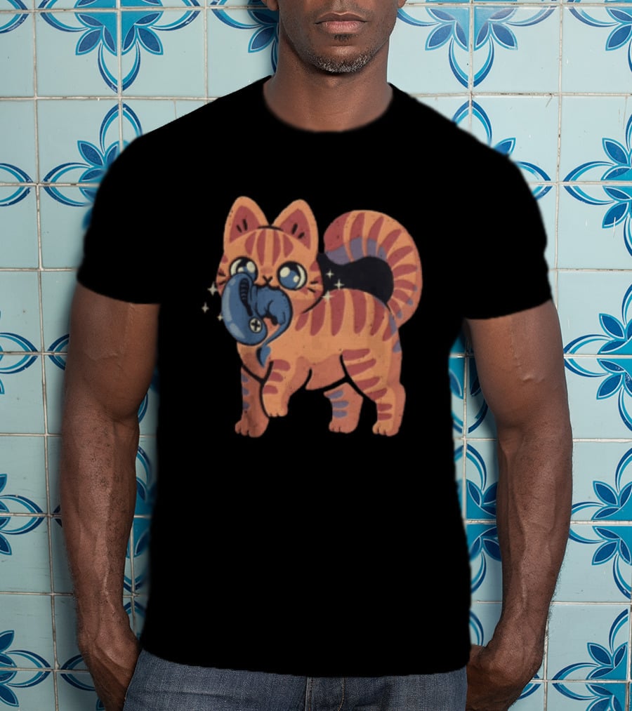 Alien Cat Meets Cartoon Striped Cosmic Creature T-Shirt
