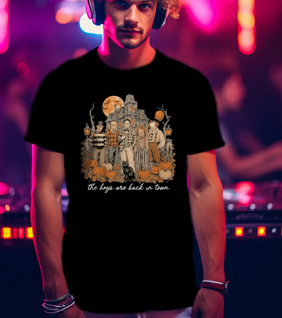 Halloween Horror Characters The Boys Are Back In Town Haunted House Pumpkin Patch T-Shirt