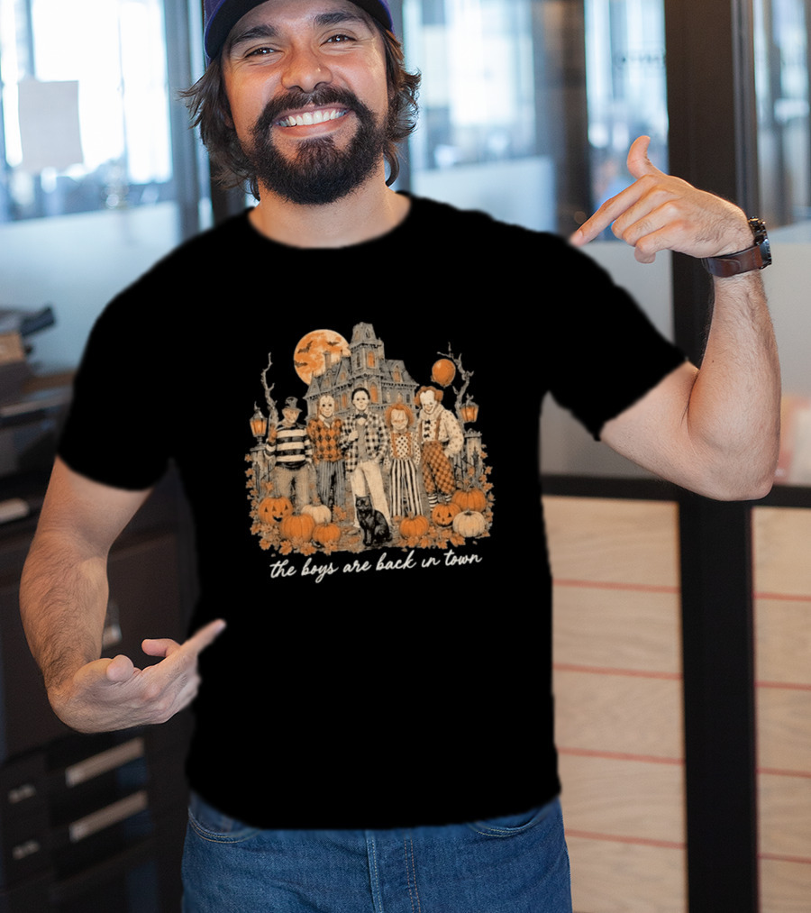 Halloween Horror Characters The Boys Are Back In Town Haunted House Pumpkin Patch T-Shirt