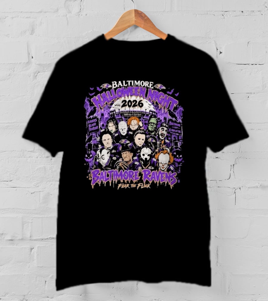 Baltimore Ravens 2026 Halloween Night Horror Characters Fear The Flock T-Shirt