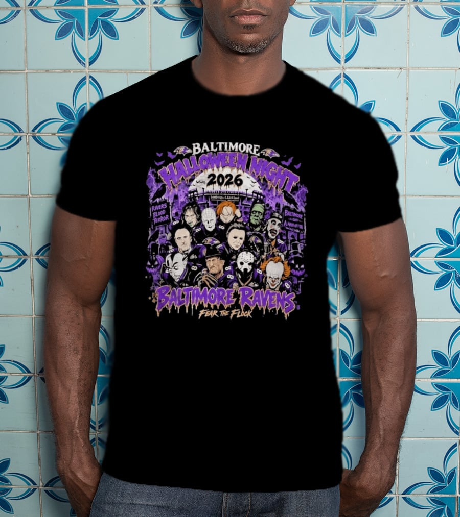 Baltimore Ravens 2026 Halloween Night Horror Characters Fear The Flock T-Shirt