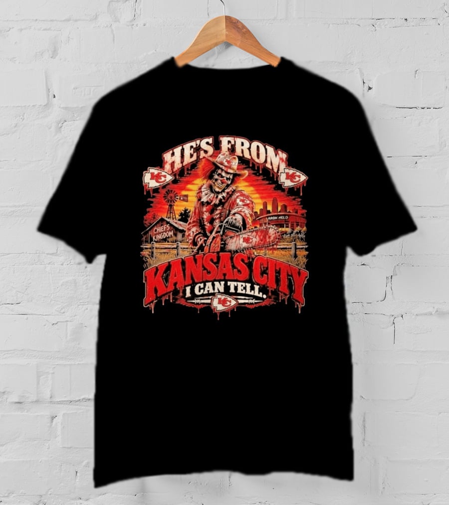 Kansas City Chiefs He's From Kansas City I Can Tell Horror Kingdom NFL Chiefs Logo Scary Chainsaw T-Shirt