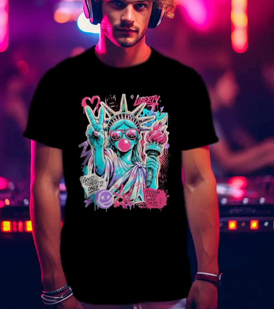 Liberty Graffiti Pop Art Good Vibes Only Statue Freedom Looks Good On Me T-Shirt