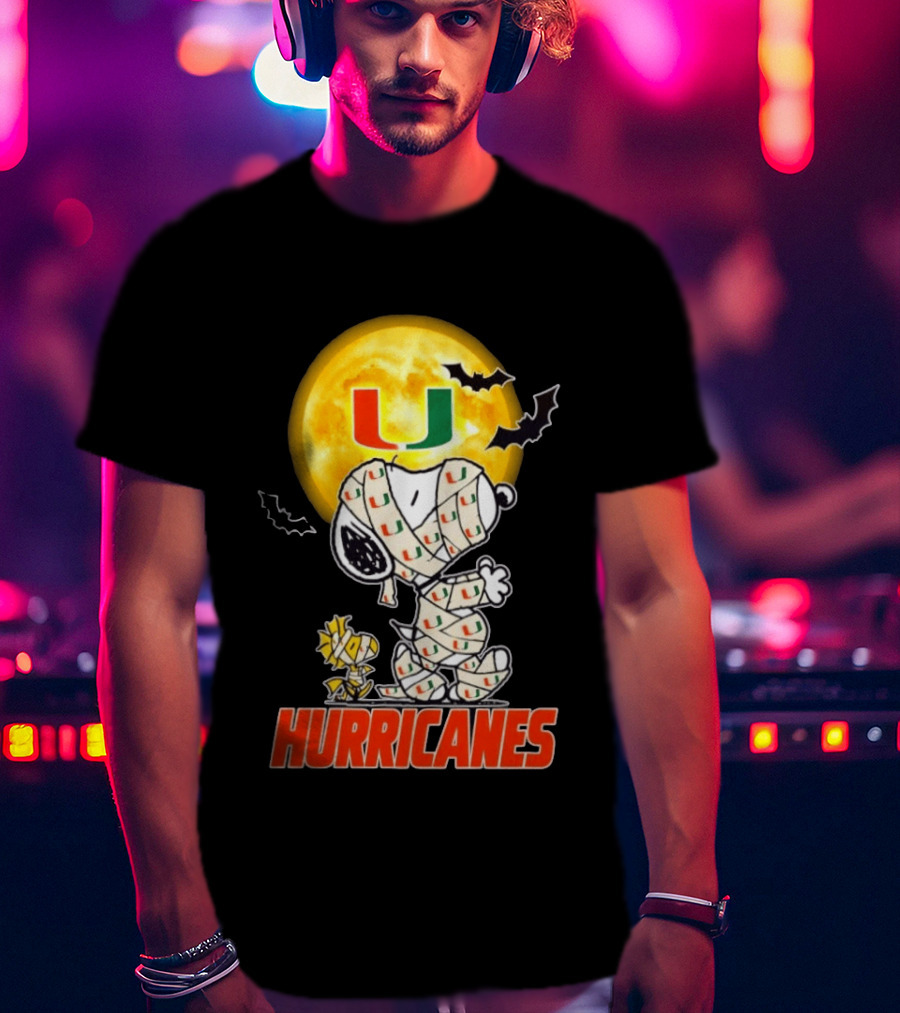 Miami Hurricanes Snoopy Woodstock Mummy Halloween Moon Bats T-Shirt