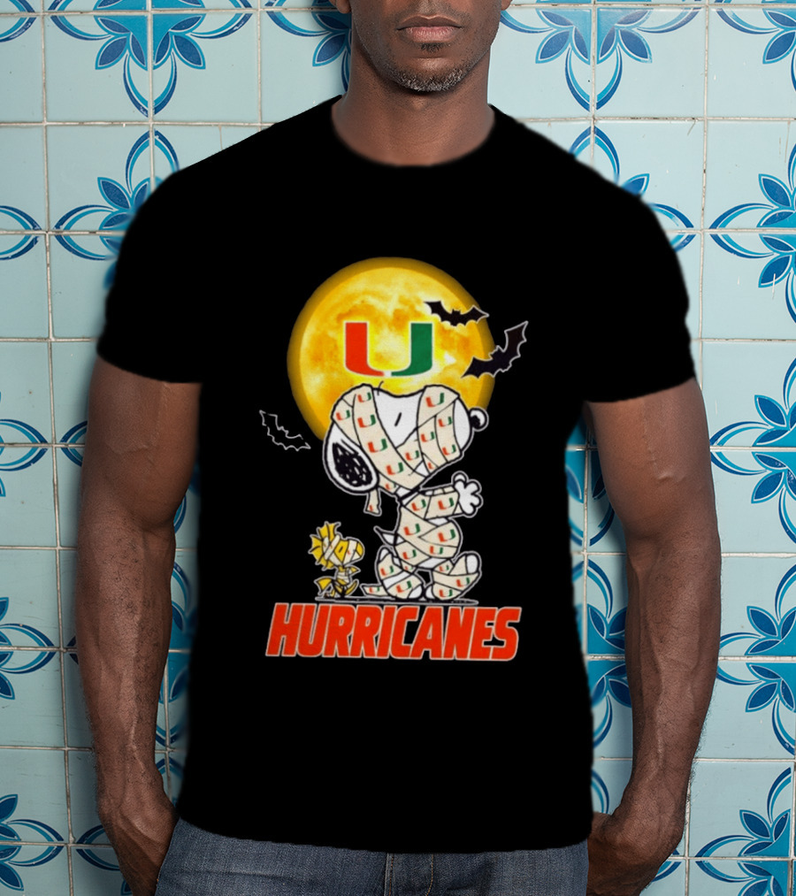 Miami Hurricanes Snoopy Woodstock Mummy Halloween Moon Bats T-Shirt