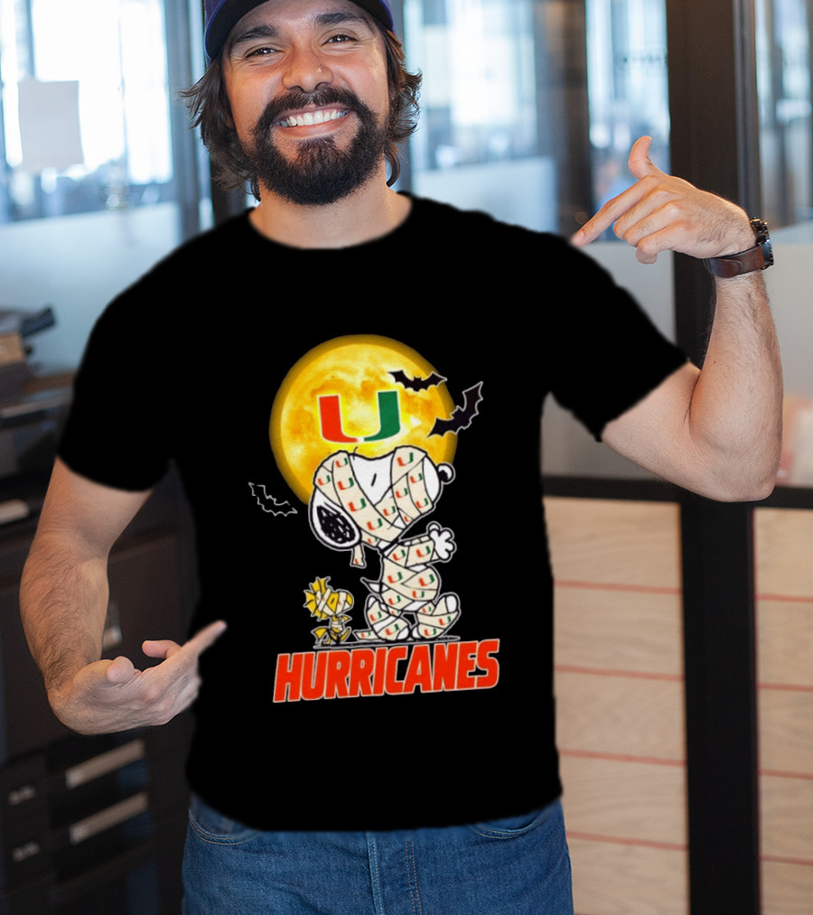 Miami Hurricanes Snoopy Woodstock Mummy Halloween Moon Bats T-Shirt
