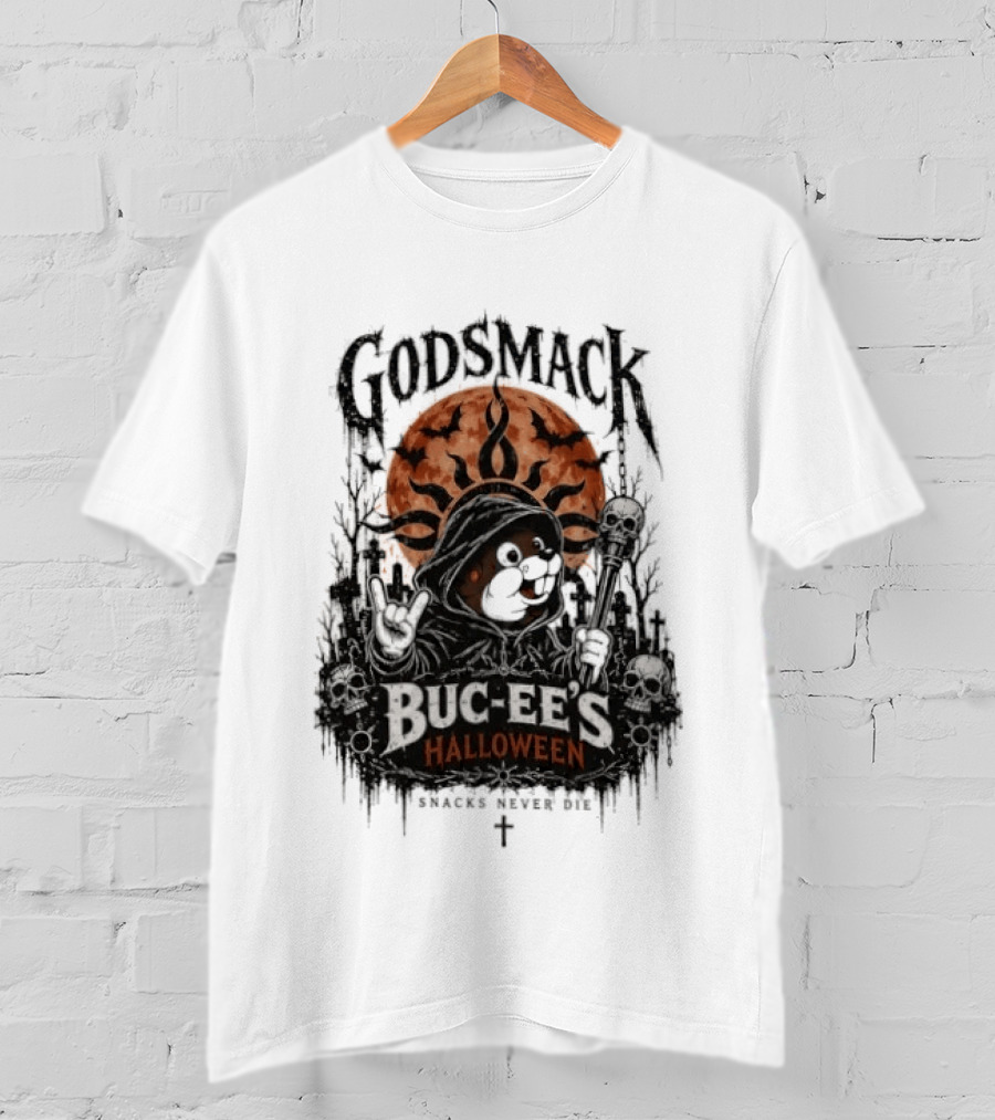 Godsmack Buc Ee's Halloween Snacks Never Die Skulls And Sun T-Shirt