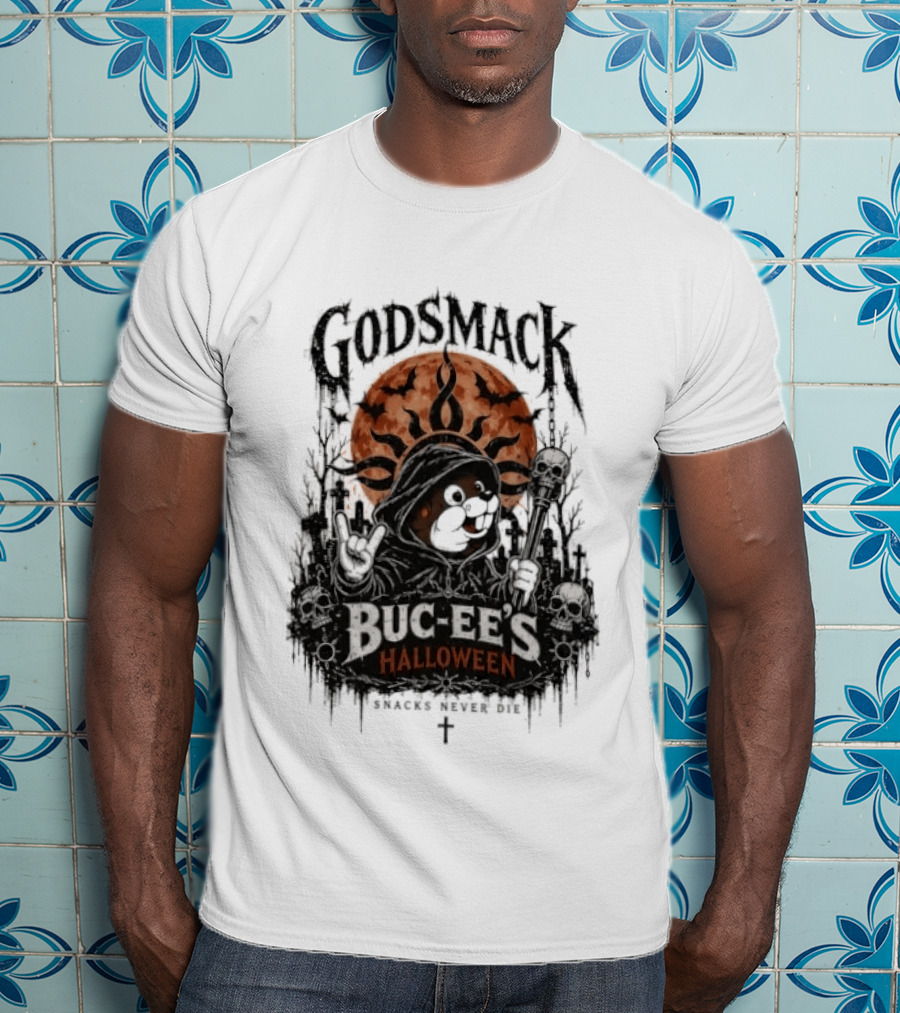 Godsmack Buc Ee's Halloween Snacks Never Die Skulls And Sun T-Shirt
