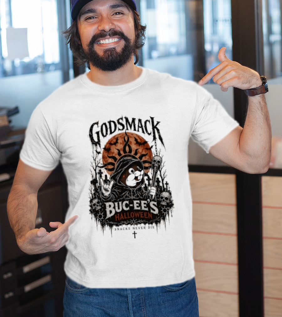 Godsmack Buc Ee's Halloween Snacks Never Die Skulls And Sun T-Shirt