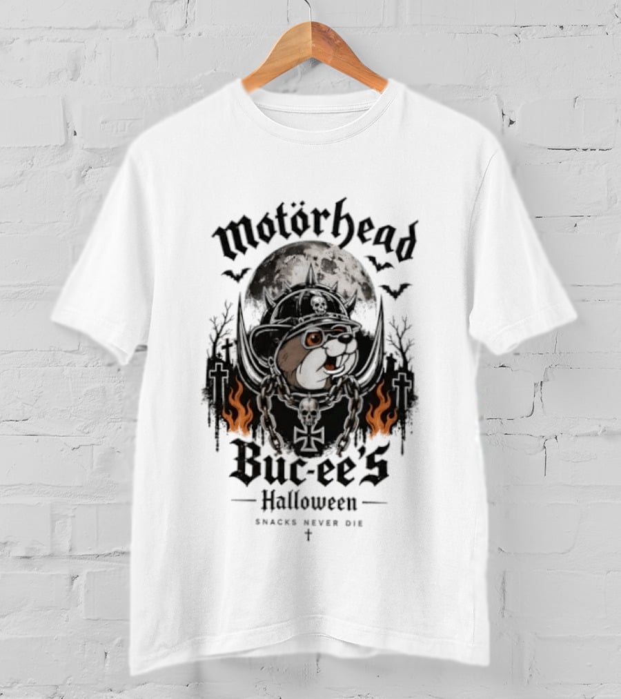 Motorhead Buc Ee's Halloween Snacks Never Die Ghostly Flames Moon Bats T-Shirt