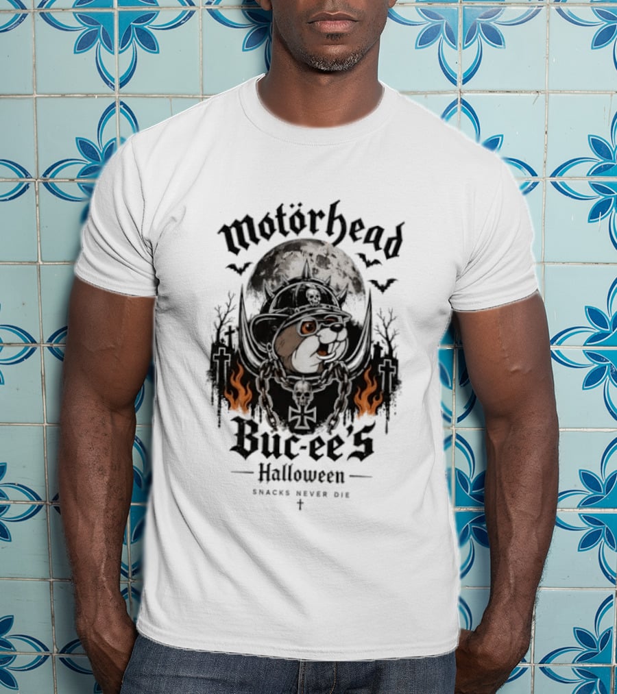 Motorhead Buc Ee's Halloween Snacks Never Die Ghostly Flames Moon Bats T-Shirt