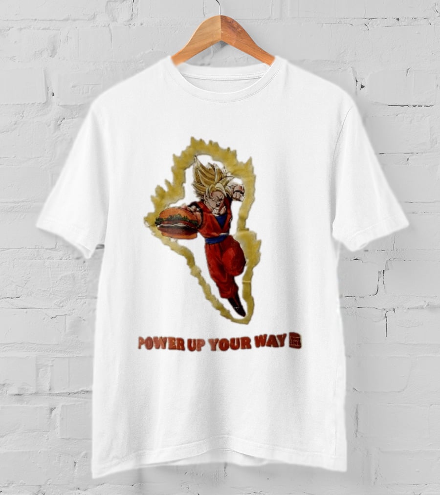 Burger King Power Up Your Way Super Saiyan Goku Holding Cheeseburger Aura T-Shirt