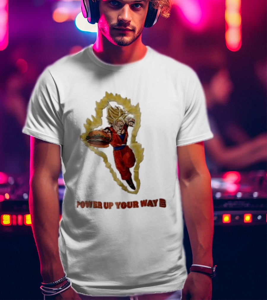 Burger King Power Up Your Way Super Saiyan Goku Holding Cheeseburger Aura T-Shirt