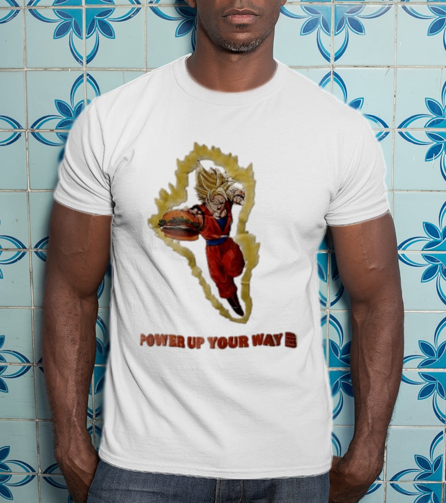 Burger King Power Up Your Way Super Saiyan Goku Holding Cheeseburger Aura T-Shirt