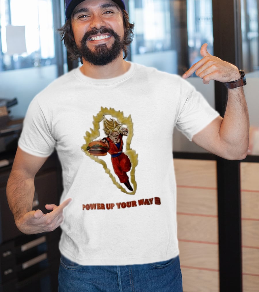 Burger King Power Up Your Way Super Saiyan Goku Holding Cheeseburger Aura T-Shirt