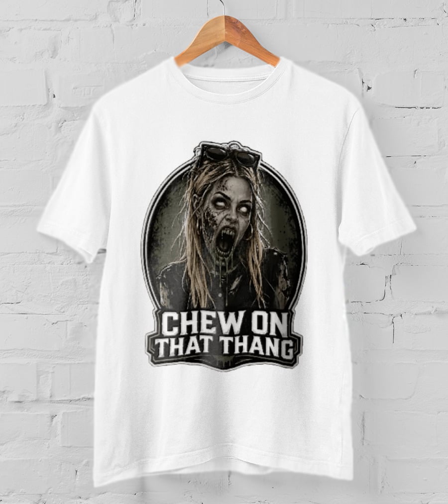Chew On That Thang Zombie Blonde Woman Open Mouth Green Slime Sunglasses T-Shirt