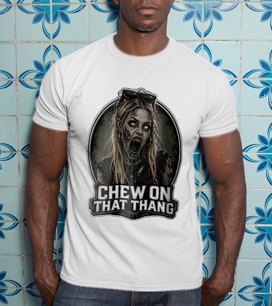 Chew On That Thang Zombie Blonde Woman Open Mouth Green Slime Sunglasses T-Shirt