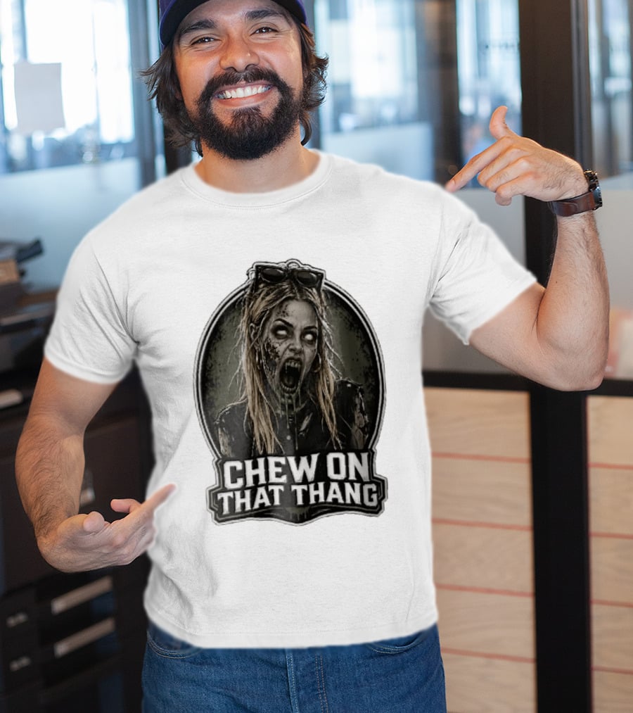 Chew On That Thang Zombie Blonde Woman Open Mouth Green Slime Sunglasses T-Shirt