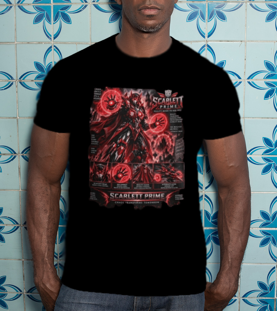 Scarlett Prime Reality Bends Red Mecha Chaos Transforms Tomorrow Jet Hex Magic T-Shirt