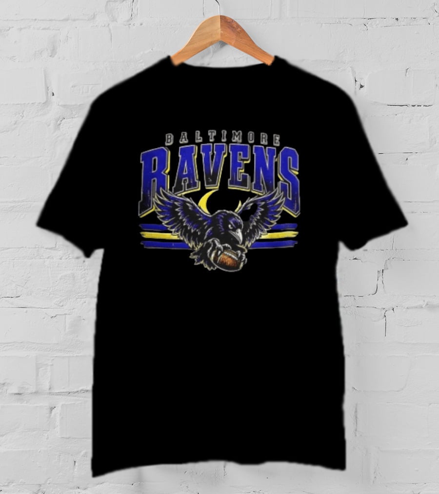 Baltimore Ravens Distressed Flying Bird Holding Football With Stripes T-Shirt