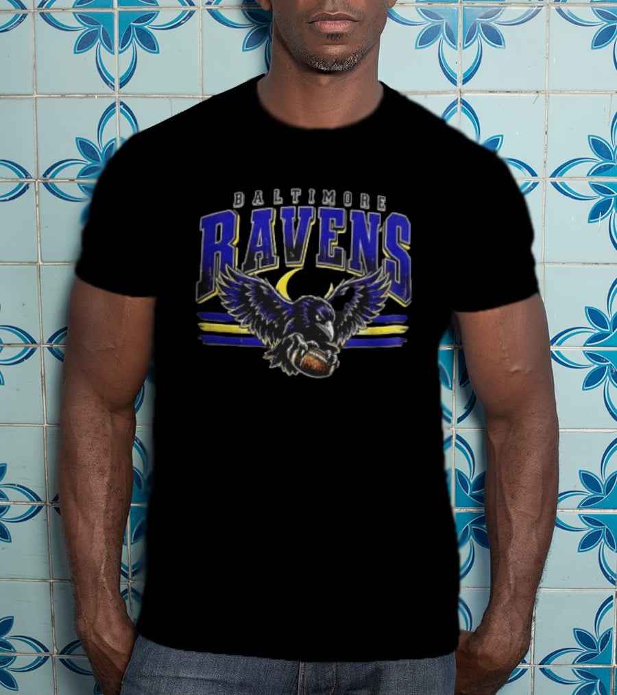 Baltimore Ravens Distressed Flying Bird Holding Football With Stripes T-Shirt