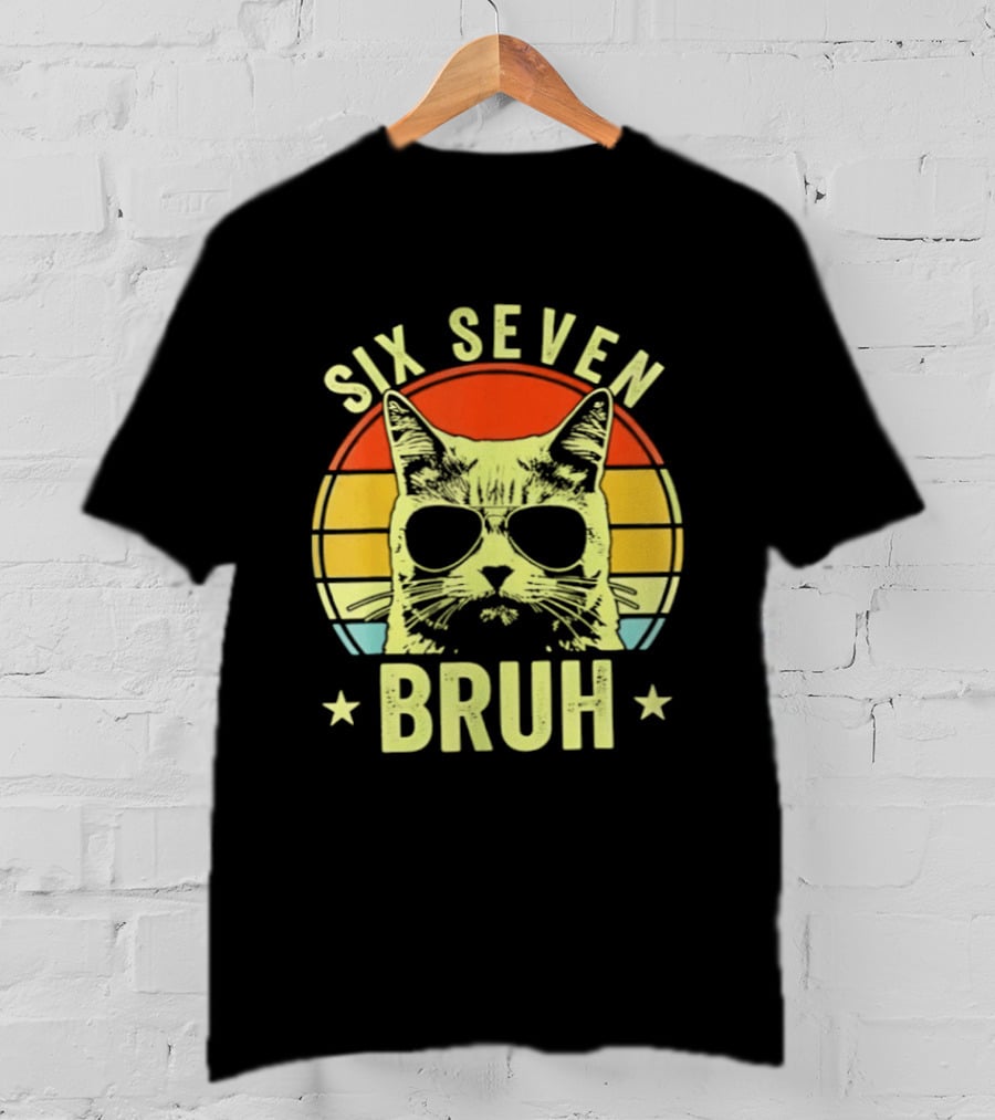 Six Seven Bruh Retro Cat Sunset T-Shirt