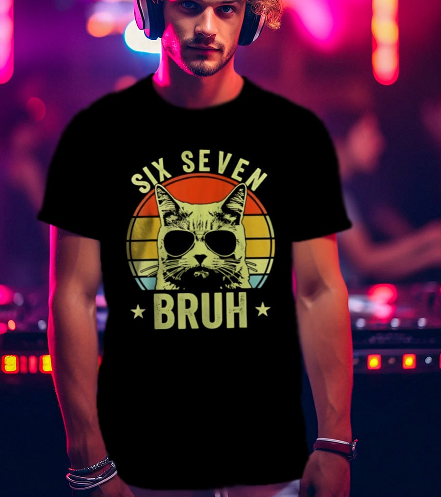 Six Seven Bruh Retro Cat Sunset T-Shirt