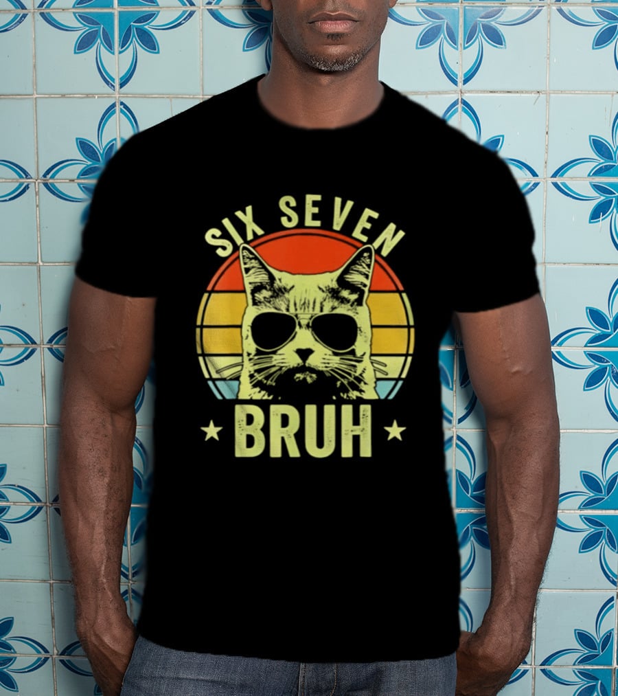 Six Seven Bruh Retro Cat Sunset T-Shirt