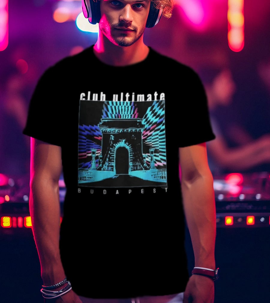 Club Ultimate Budapest Szechenyi Chain Bridge Neon Checkerboard Arch T-Shirt