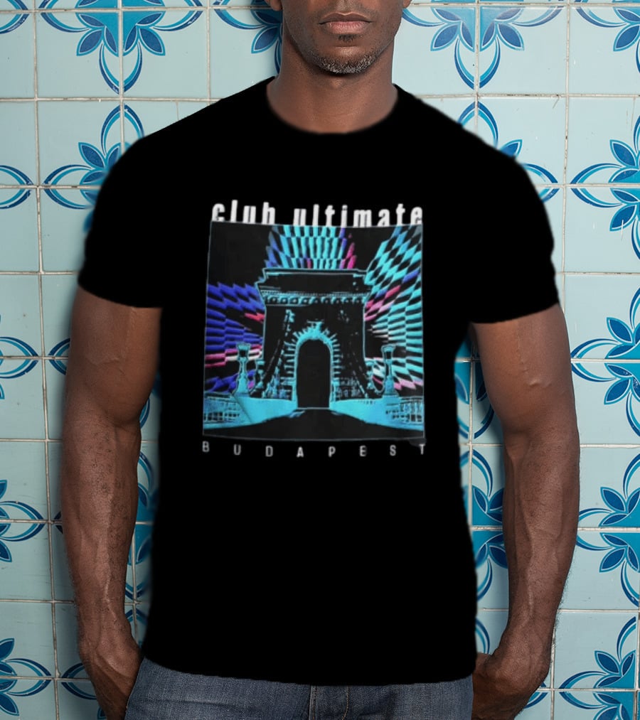 Club Ultimate Budapest Szechenyi Chain Bridge Neon Checkerboard Arch T-Shirt