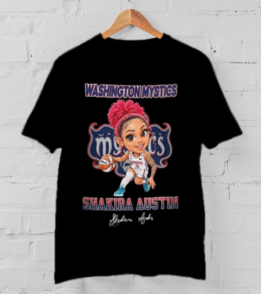 Shakira Austin Washington Mystics Pink Hair Cartoon Caricature Dribbling Basketball T-Shirt