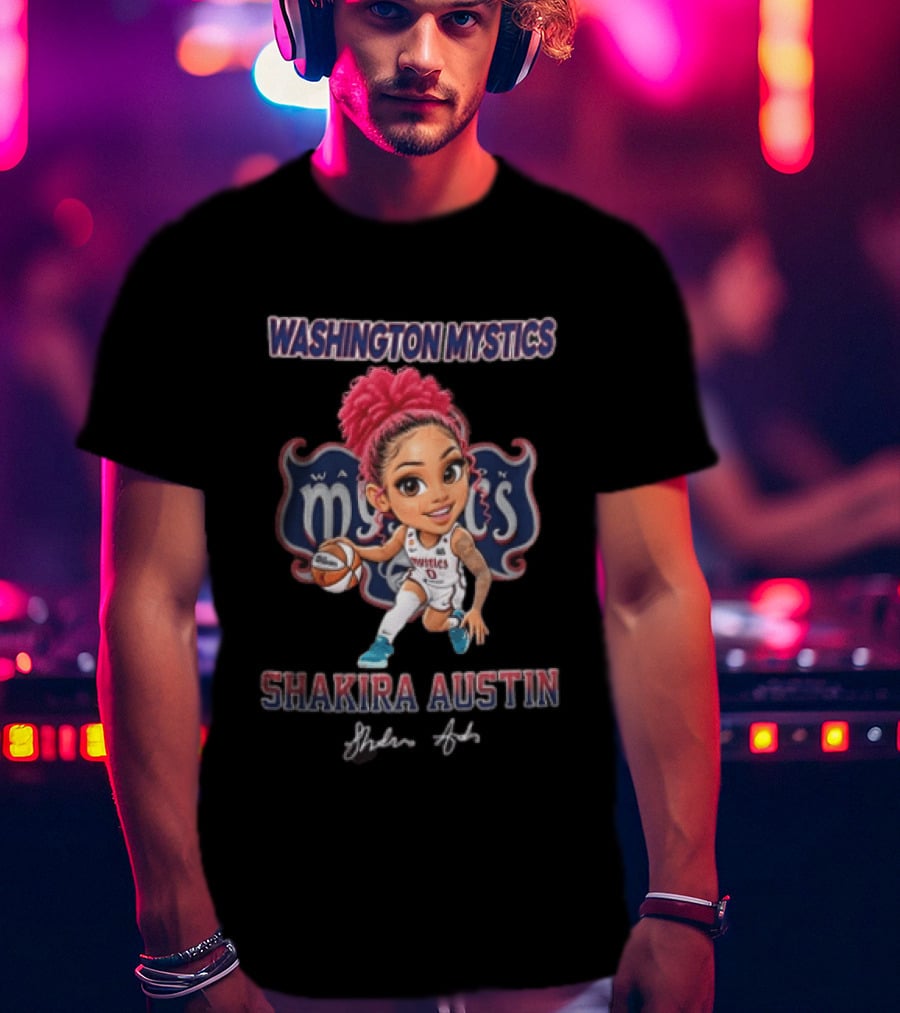 Shakira Austin Washington Mystics Pink Hair Cartoon Caricature Dribbling Basketball T-Shirt