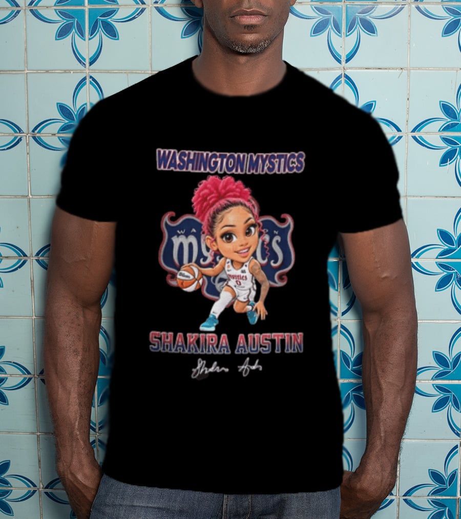 Shakira Austin Washington Mystics Pink Hair Cartoon Caricature Dribbling Basketball T-Shirt