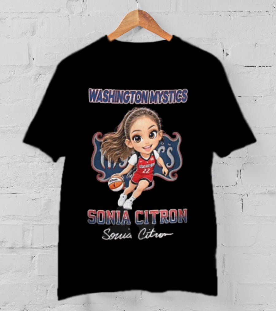 Washington Mystics WNBA Sonia Citron Cartoon Caricature Basketball Player Dribbling T-Shirt