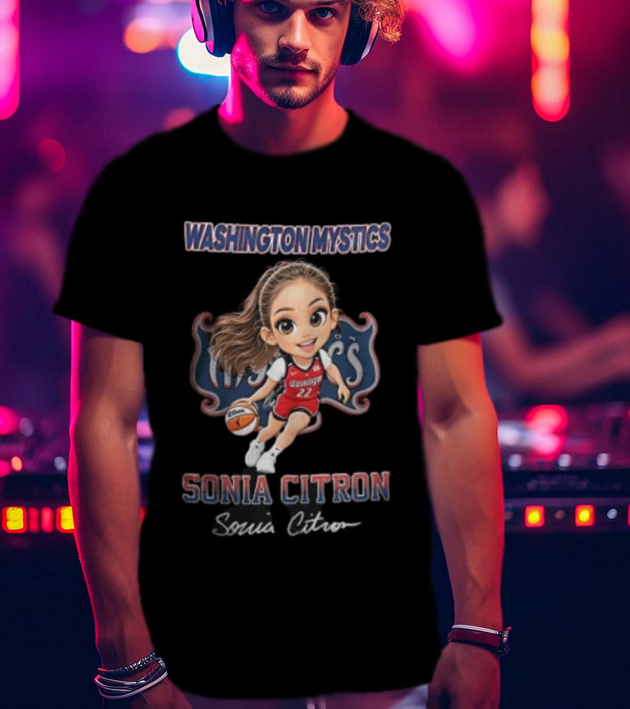 Washington Mystics WNBA Sonia Citron Cartoon Caricature Basketball Player Dribbling T-Shirt