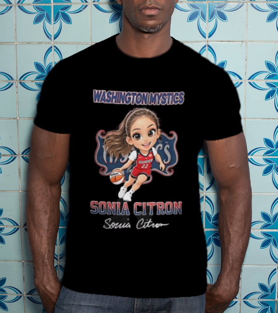 Washington Mystics WNBA Sonia Citron Cartoon Caricature Basketball Player Dribbling T-Shirt