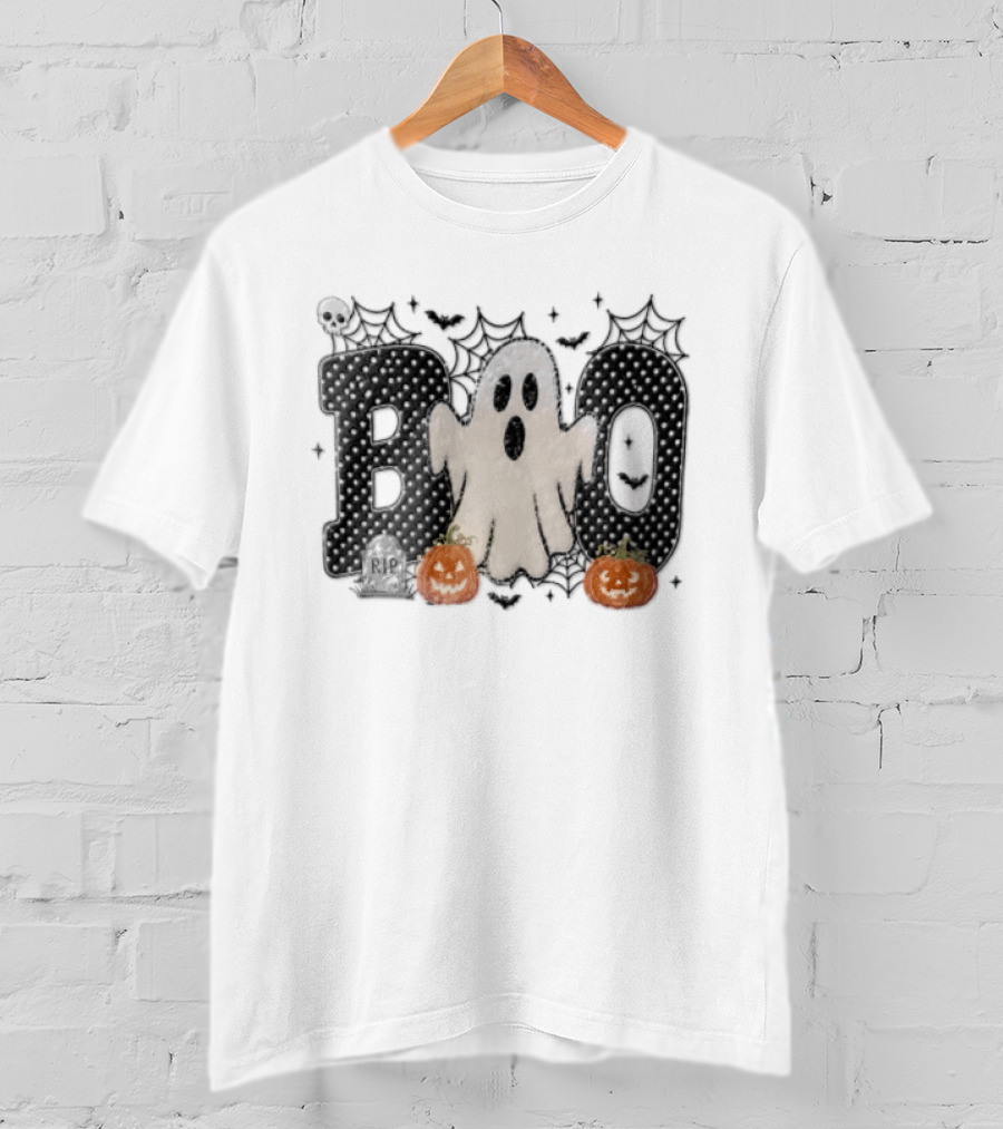 Boo Distressed Ghost Jack O Lanterns Polka Dots Cobwebs T-Shirt