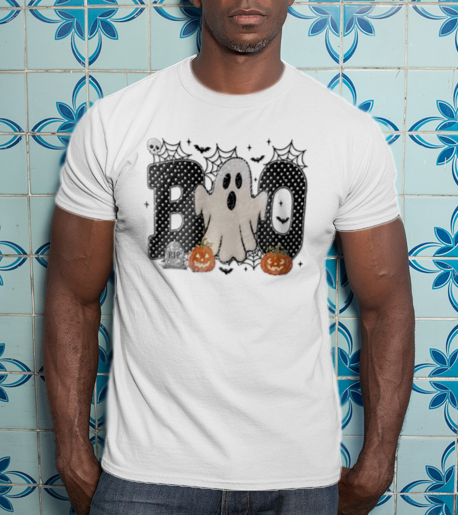 Boo Distressed Ghost Jack O Lanterns Polka Dots Cobwebs T-Shirt