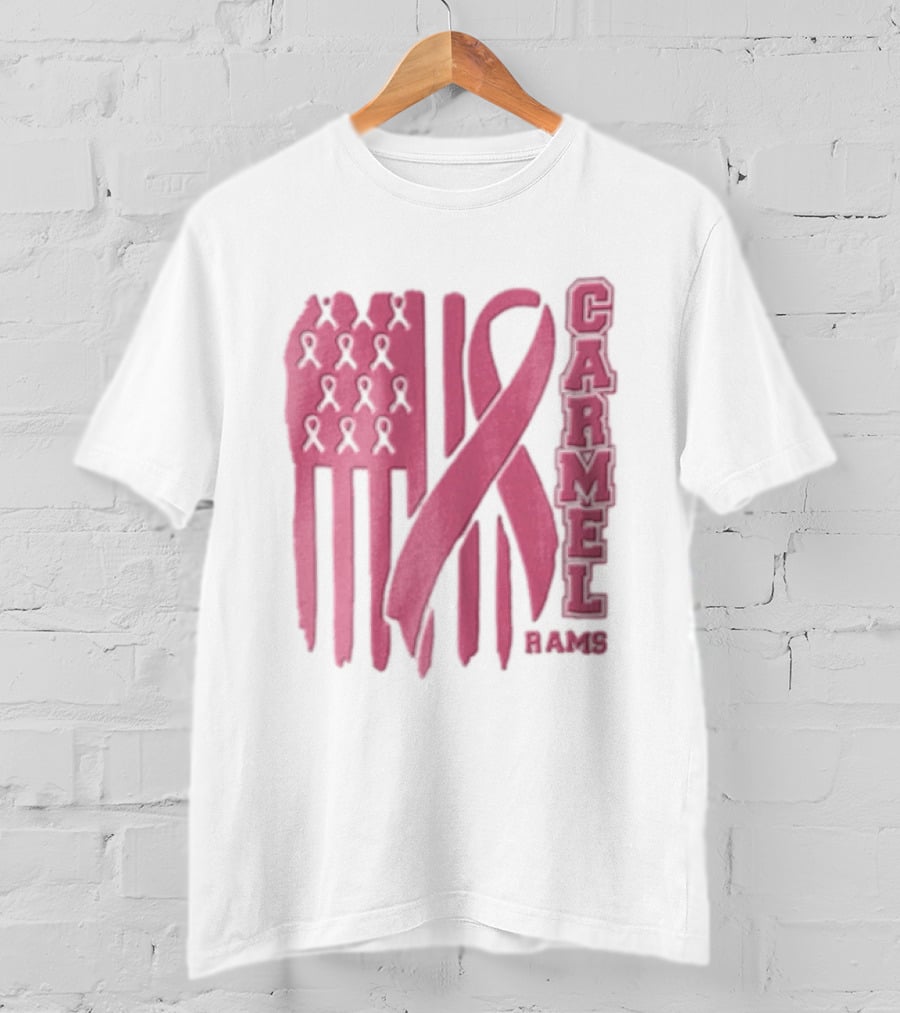 Carmel Rams Pink Ribbon American Flag Breast Cancer Awareness T-Shirt