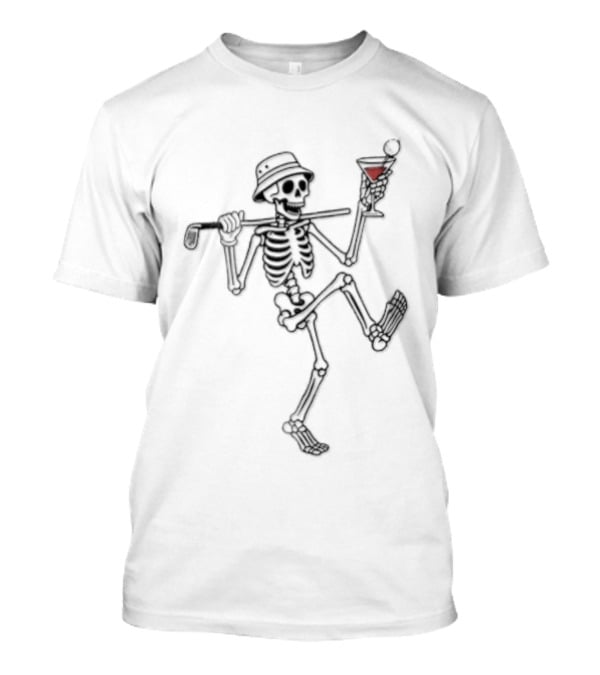 Cartoon Skeleton Line Dance With Bucket Hat Golf Club And Cocktail Glass T-Shirt