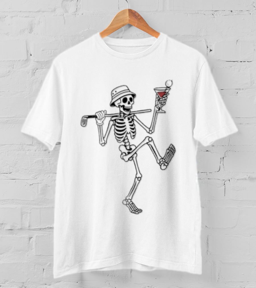 Cartoon Skeleton Line Dance With Bucket Hat Golf Club And Cocktail Glass T-Shirt