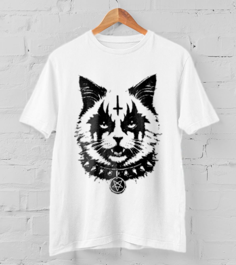 Corpsepaint Inverted Pentagram Monochromatic Cat With Collar T-Shirt