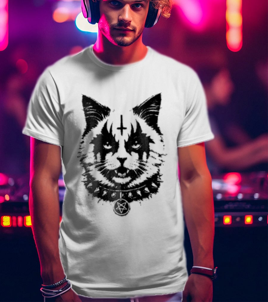 Corpsepaint Inverted Pentagram Monochromatic Cat With Collar T-Shirt