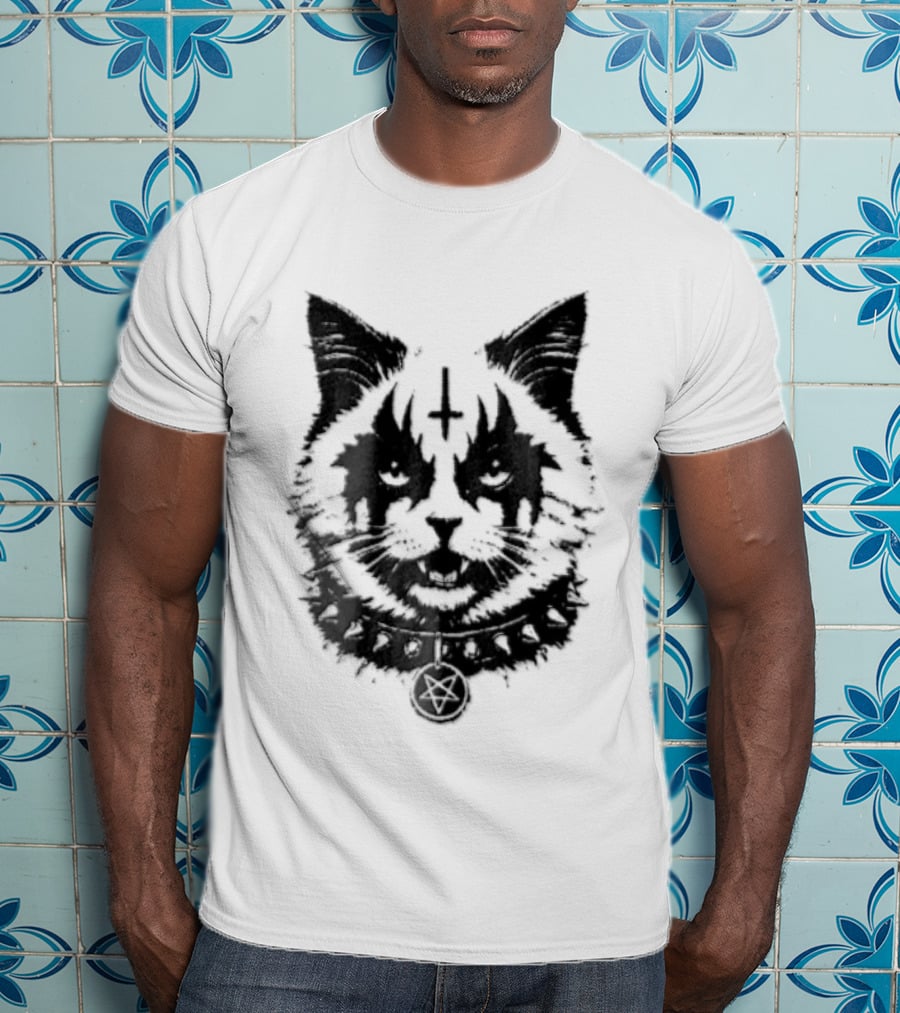 Corpsepaint Inverted Pentagram Monochromatic Cat With Collar T-Shirt