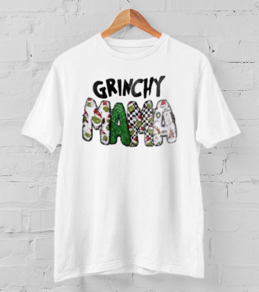 Grinchy Mama Holiday Checkerboard And Santa Hat T-Shirt