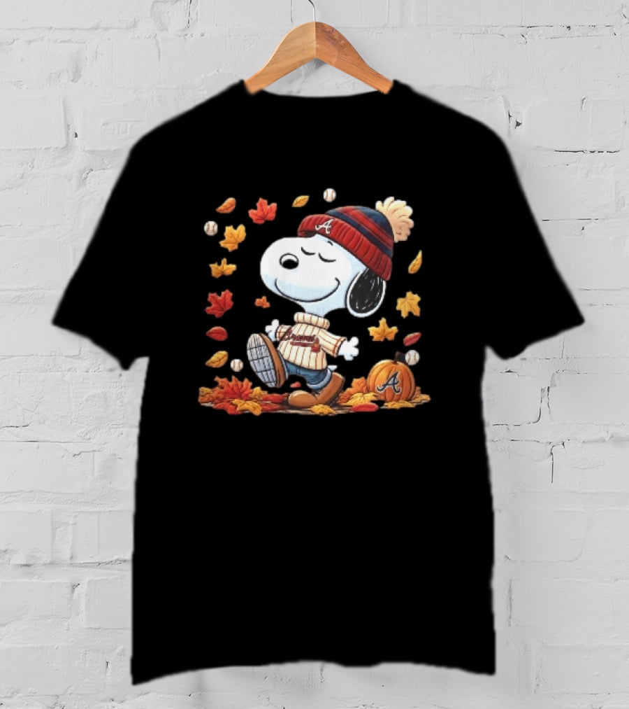 Atlanta Braves Snoopy Walking In Autumn Leaves With Pumpkin Baseballs Cartoon T-Shirt