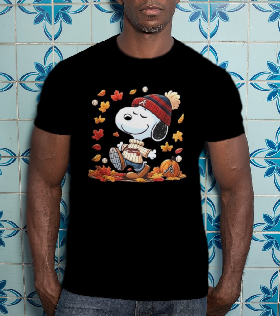 Atlanta Braves Snoopy Walking In Autumn Leaves With Pumpkin Baseballs Cartoon T-Shirt